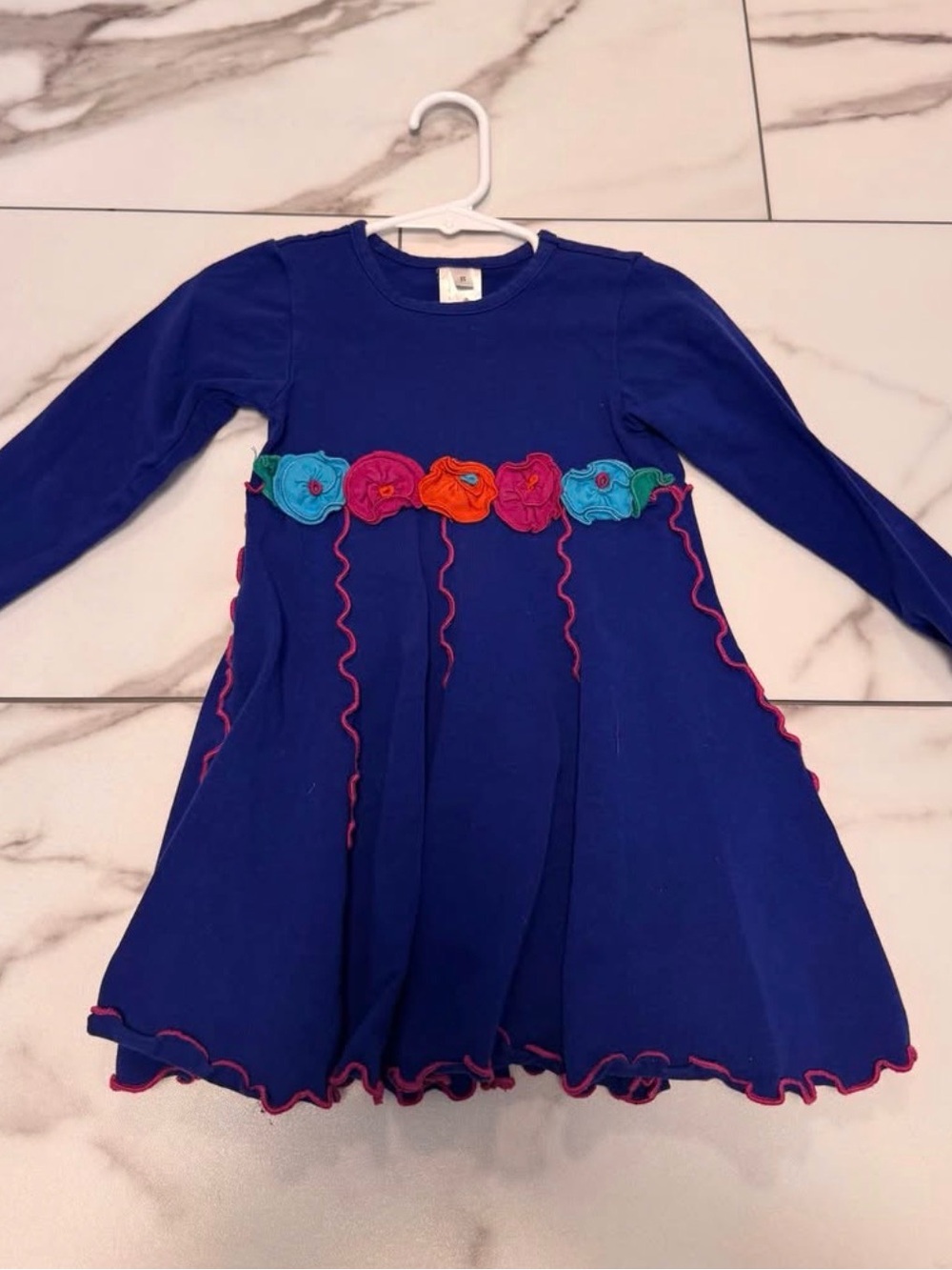 Love You Lots Girls Navy Floral-Trim Long Sleeve Dress